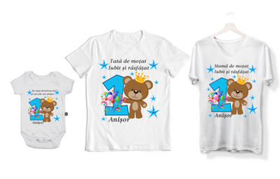 Set tricouri personalizate Familie – „Ursulețul vesel” pentru aniversarea de 1 an