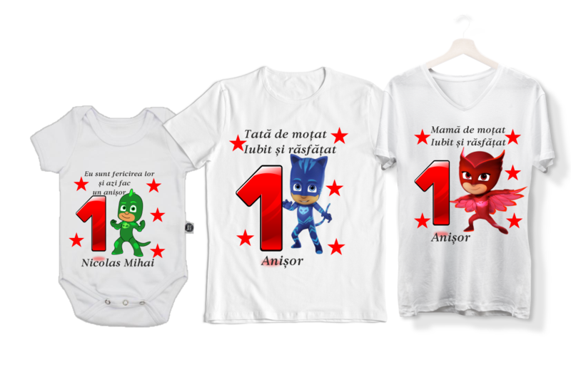 Set tricouri personalizate Familie – „Eroii în pijamale” pentru aniversarea de 1 an