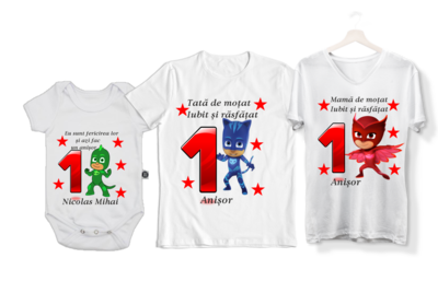Set tricouri personalizate Familie – „Eroii în pijamale” pentru aniversarea de 1 an