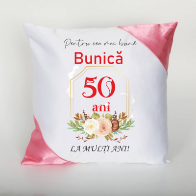 Pernă personalizată „Pentru cea mai bună bunică” – cu vârstă și mesajul „La mulți ani!”