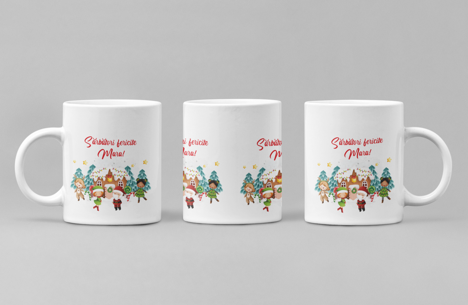 Cană personalizată cu nume – „Sărbători Fericite” – Cadoul magic cu atingere personală