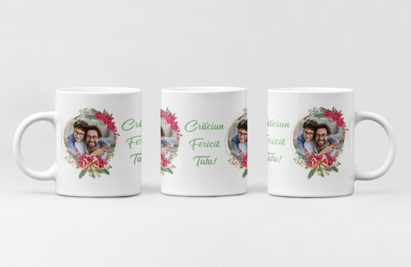 Cană personalizată cu poză – „Crăciun fericit, Tată!” – Magia sărbătorilor într-un cadou cu suflet
