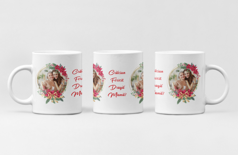 Cană personalizată cu poză – „Crăciun fericit, dragă mamă” – Cadoul care atinge inima