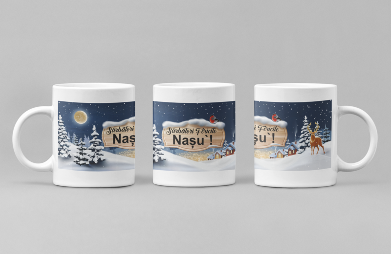 Cană „Sărbători fericite, Nașu” – Cadou festiv pentru cel mai tare naș