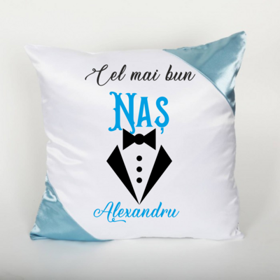 Pernă personalizată cu nume – „Cel mai bun Naș” - colțuri albastre