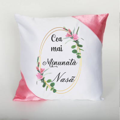 Pernă „Cea mai minunată Nașă” – colțuri roz
