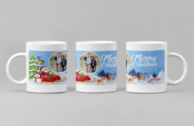 Cana personalizată „Merry Christmas” cu poză rotundă și nume – Cadou cu suflet pentru sărbători