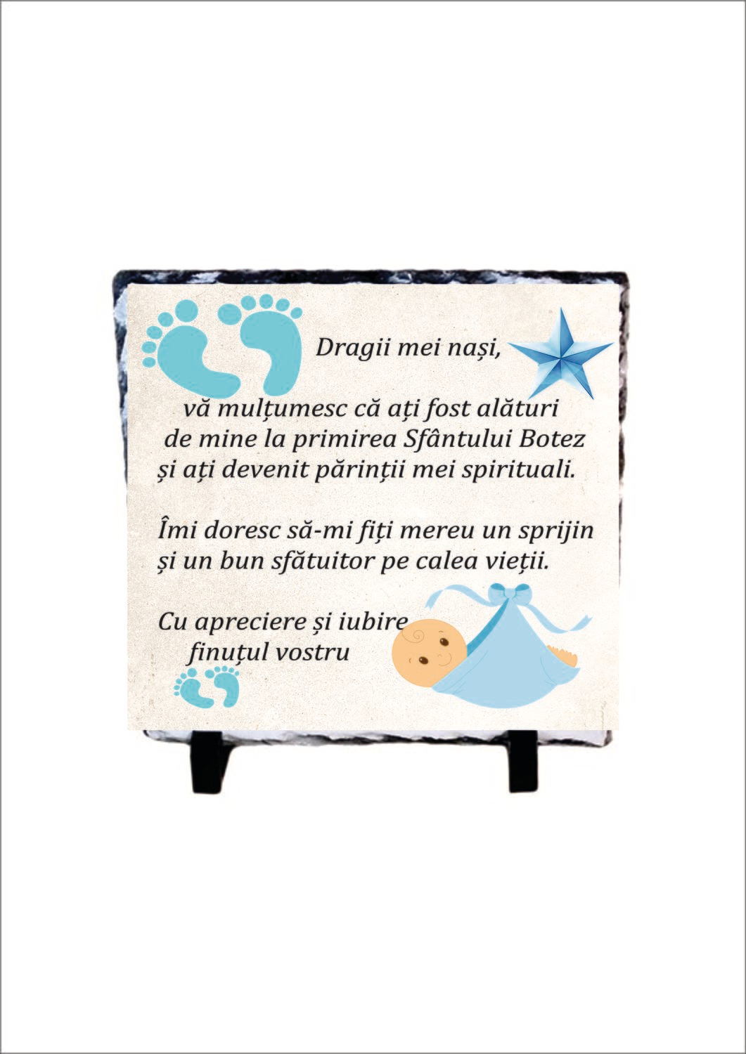 Piatră Ardezie Cadou pentru Nași – „Cu iubire, finuțul vostru” | Model Băiețel