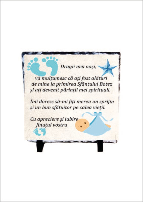 Piatră Ardezie Cadou pentru Nași – „Cu iubire, finuțul vostru” | Model Băiețel