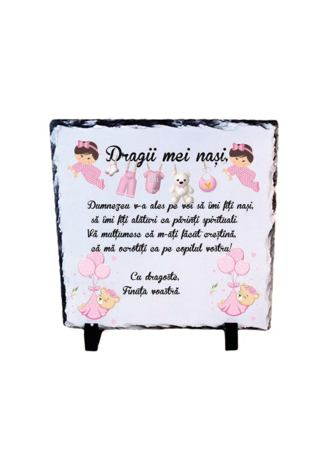 Piatră Ardezie Cadou pentru Nași – „Dragii mei Nași” | Model Fetiță