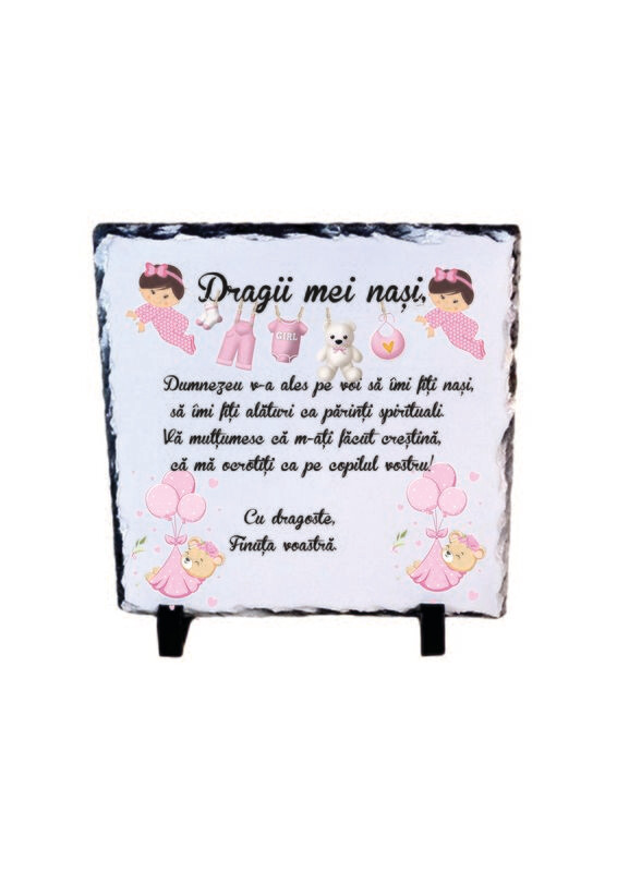 Piatră Ardezie Cadou pentru Nași – „Dragii mei Nași” | Model Fetiță