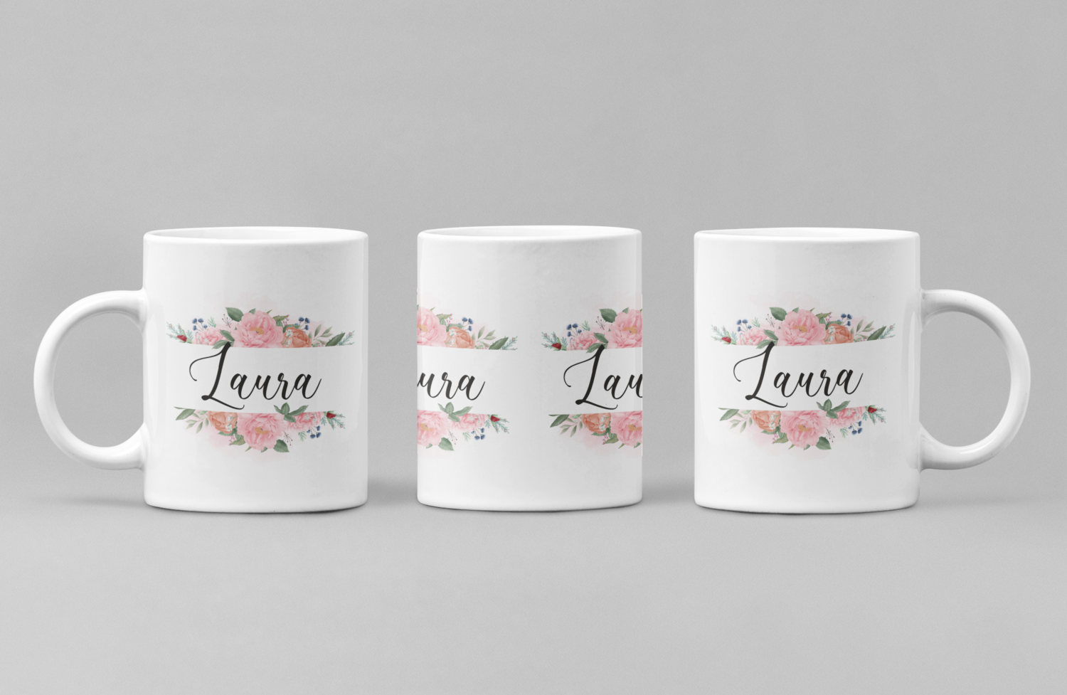 Cană personalizată cu nume – Model 1, Floral – Cadou delicat cu design elegant