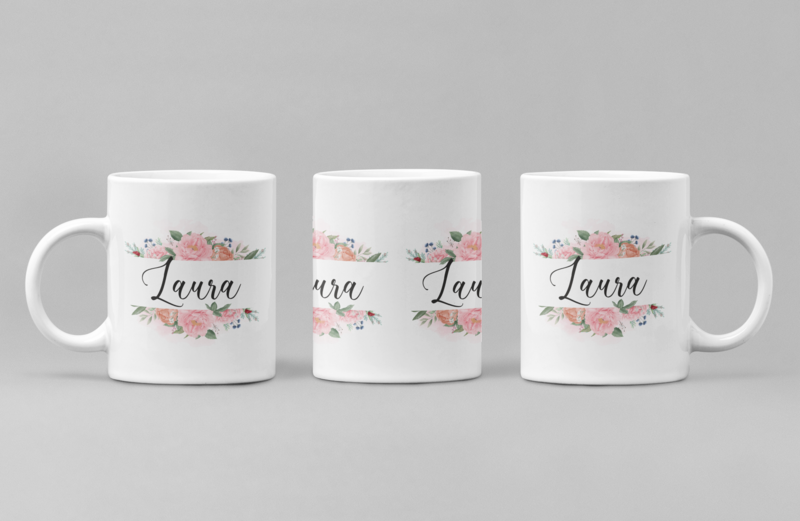 Cană personalizată cu nume – Model 1, Floral – Cadou delicat cu design elegant