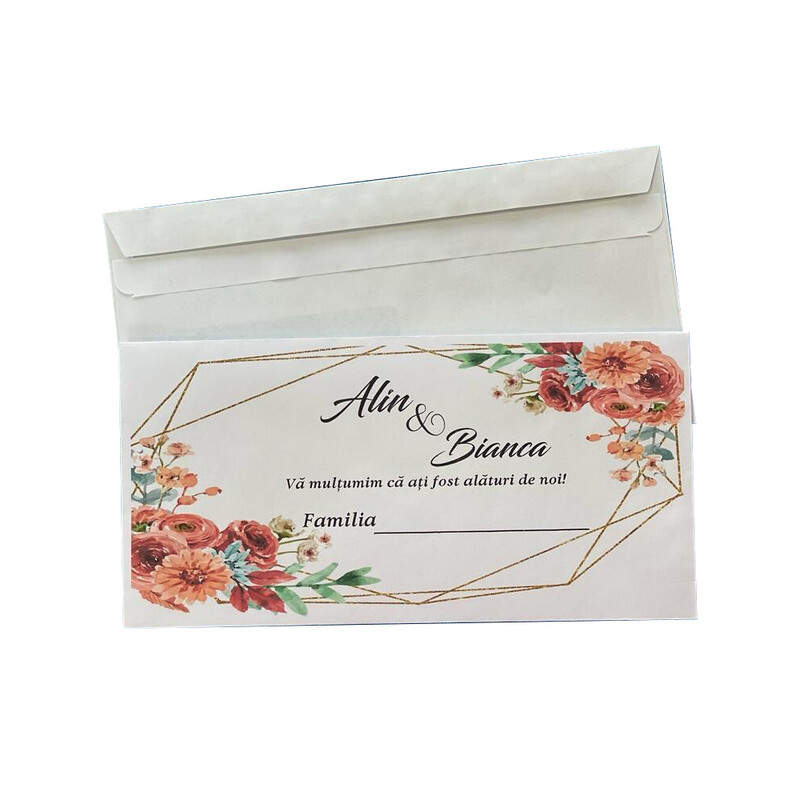 Plic bani nuntă personalizat – Model 00295 – hârtie 80g, format DL