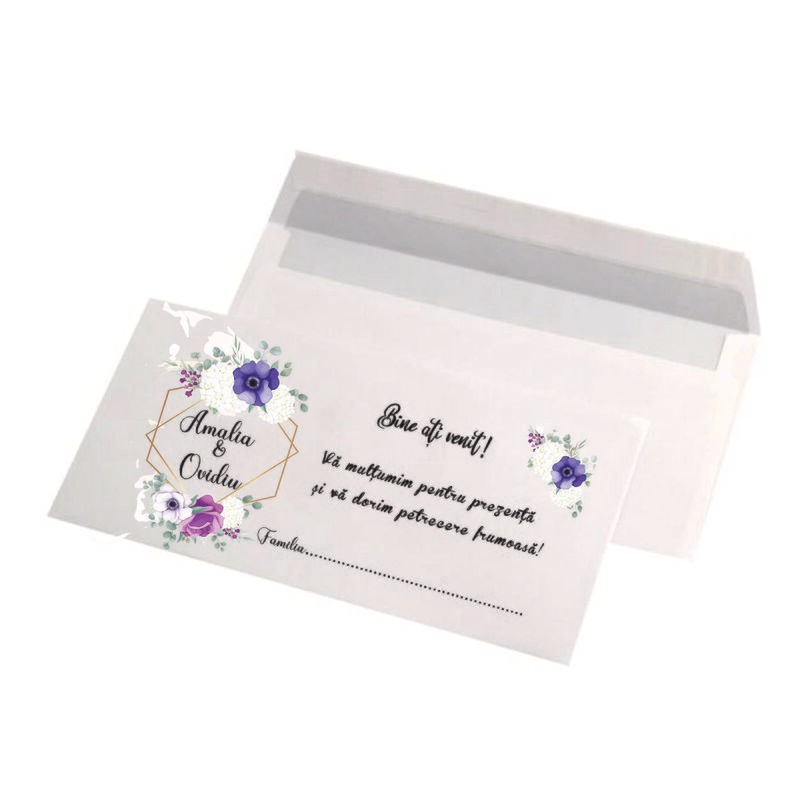 Plic bani nuntă personalizat – Model 00440 cu flori mov și mesaj „Bine ați venit!” – hârtie 80g, format DL