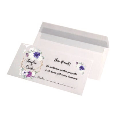 Plic bani nuntă personalizat – Model 00440 cu flori mov și mesaj „Bine ați venit!” – hârtie 80g, format DL