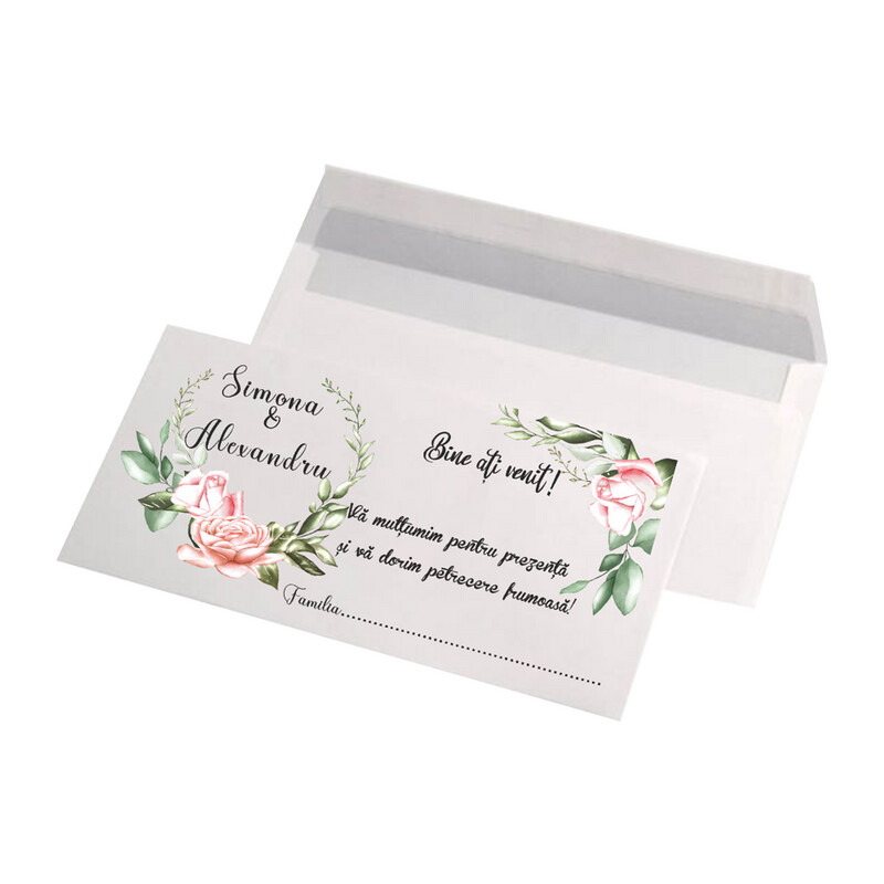 Plic bani nuntă personalizat – Model 00441 cu flori roz și mesaj „Bine ați venit!” – hârtie 80g, format DL