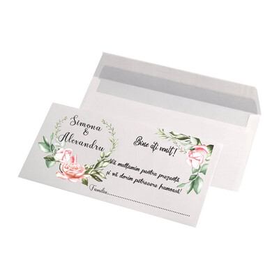 Plic bani nuntă personalizat – Model 00441 cu flori roz și mesaj „Bine ați venit!” – hârtie 80g, format DL