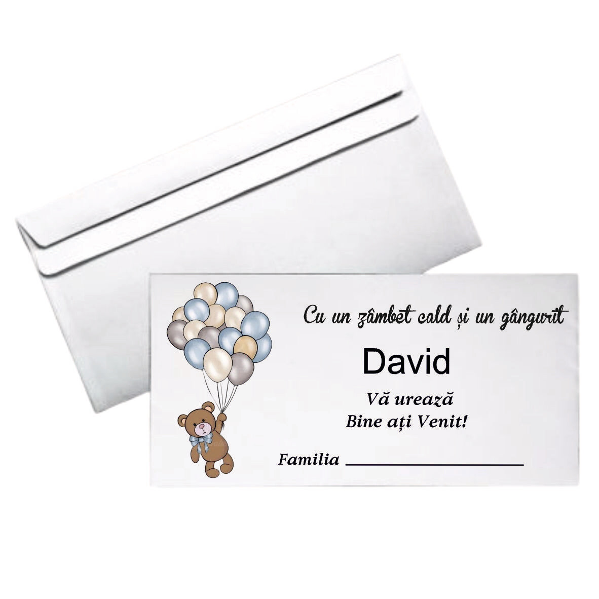 Plic Botez Personalizat – Model Ursuleț cu Baloane Albastre și Bej | Format DL | Hârtie 80g