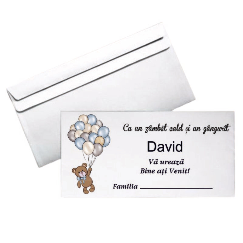 Plic Botez Personalizat – Model Ursuleț cu Baloane Albastre și Bej | Format DL | Hârtie 80g