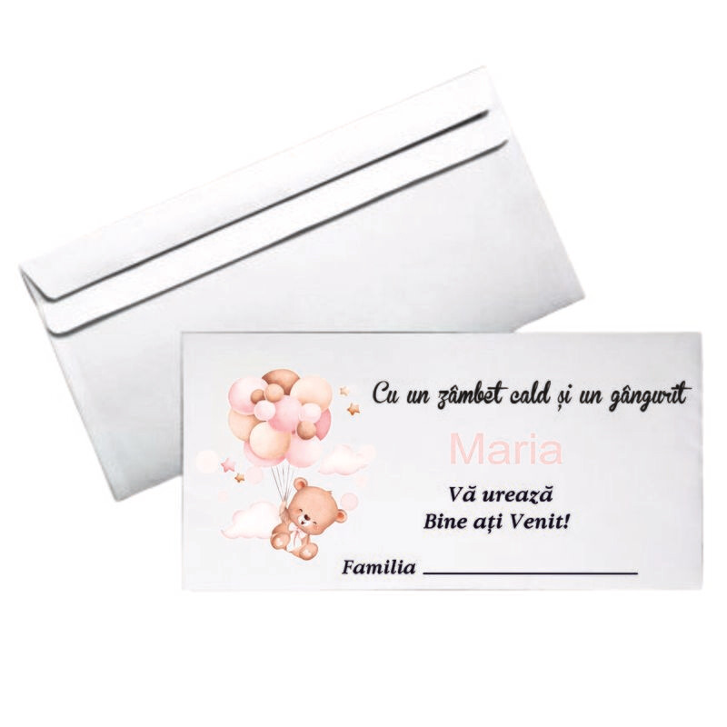 Plic Botez Personalizat – Model Ursuleț cu Baloane Pastel | Format DL | Hârtie 80g | Text Fix | Nume Personalizat