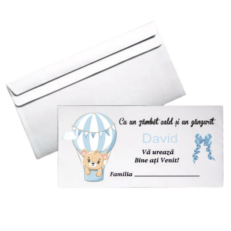 Plic Botez Personalizat – Model Ursuleț în Balon Bleu | Format DL | Hârtie 80g