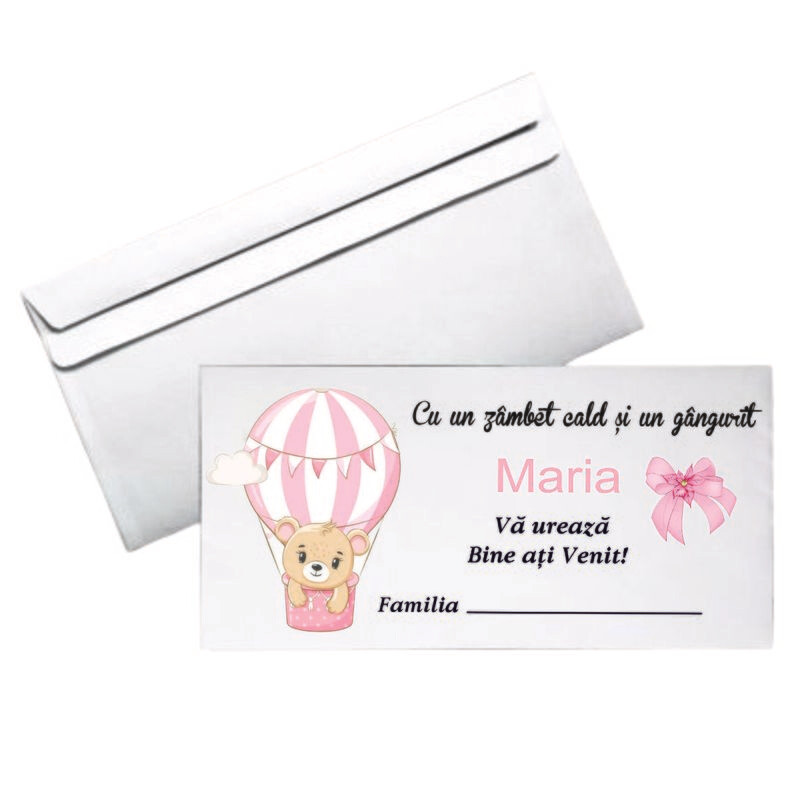 Plic Botez Personalizat – Model Ursuleț în Balon Roz | Format DL | Hârtie 80g