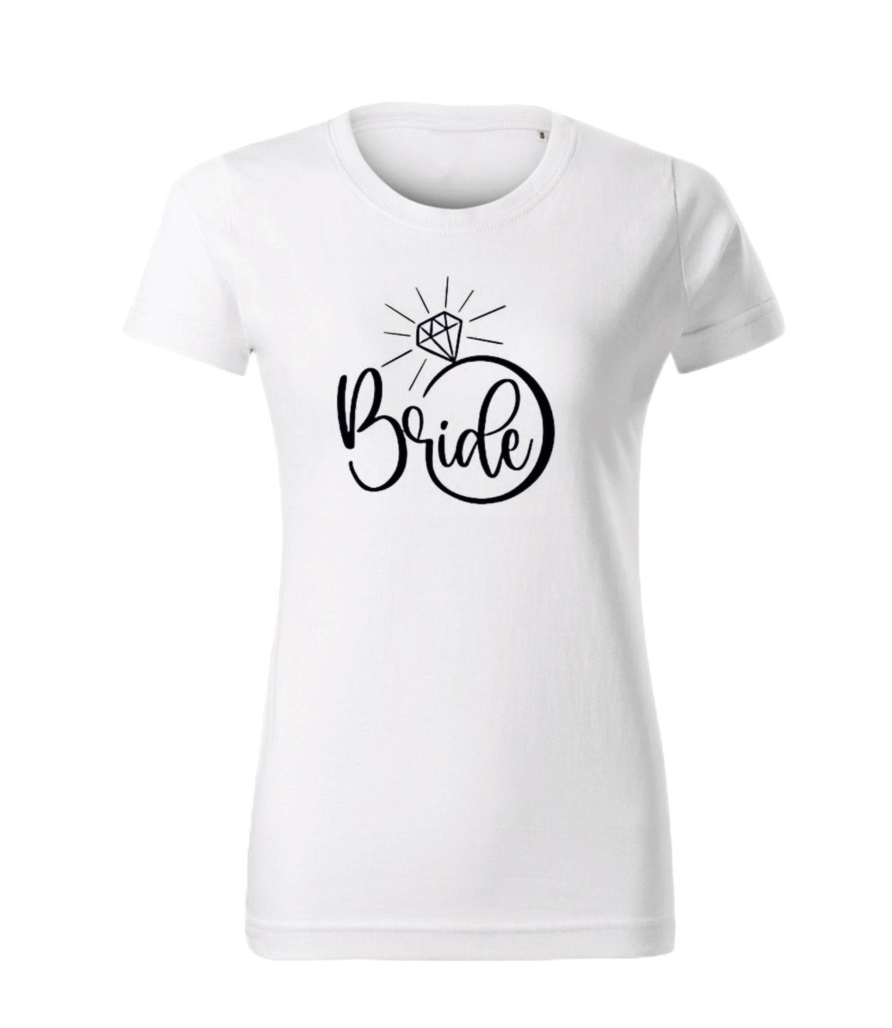 Tricou alb „Bride” cu inel diamant – bumbac 100%, design grafic negru