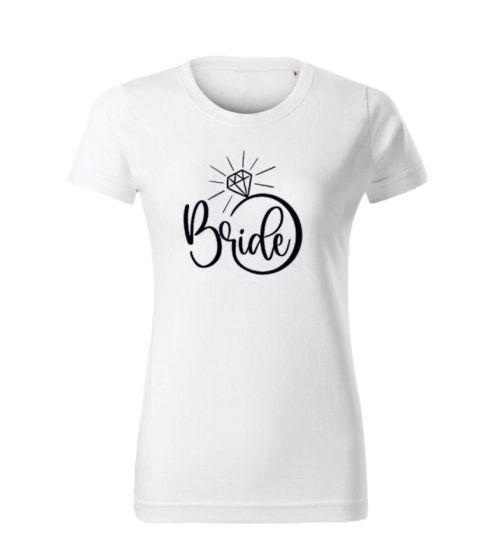 Tricou alb „Bride” cu inel diamant – bumbac 100%, design grafic negru