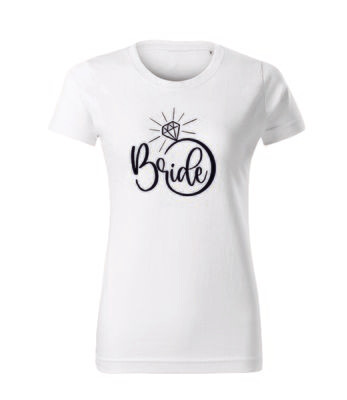 Tricou alb „Bride” cu inel diamant – bumbac 100%, design grafic negru