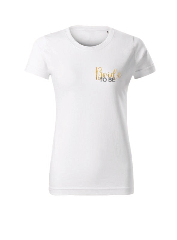 Tricou alb „Bride to be” cu inscripție discretă – bumbac 100%, design minimalist