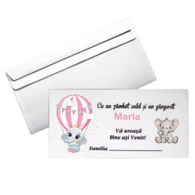 Plic DL Botez Personalizat – Model Elefănțică în Balon Roz | Hârtie Albă 80g