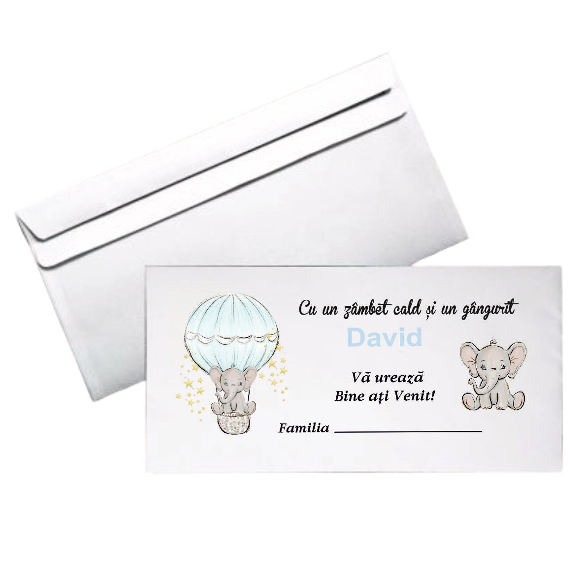 Plic DL Botez Personalizat – Model Elefant în Balon | Hârtie Albă 80g
