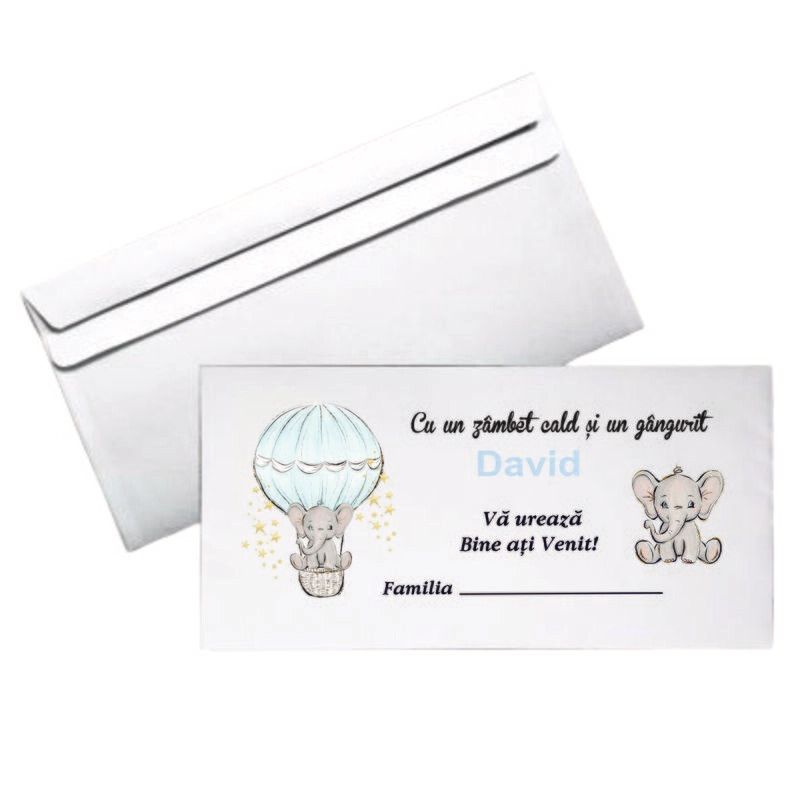 Plic DL Botez Personalizat – Model Elefant în Balon | Hârtie Albă 80g