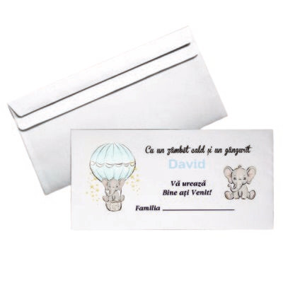 Plic DL Botez Personalizat – Model Elefant în Balon | Hârtie Albă 80g
