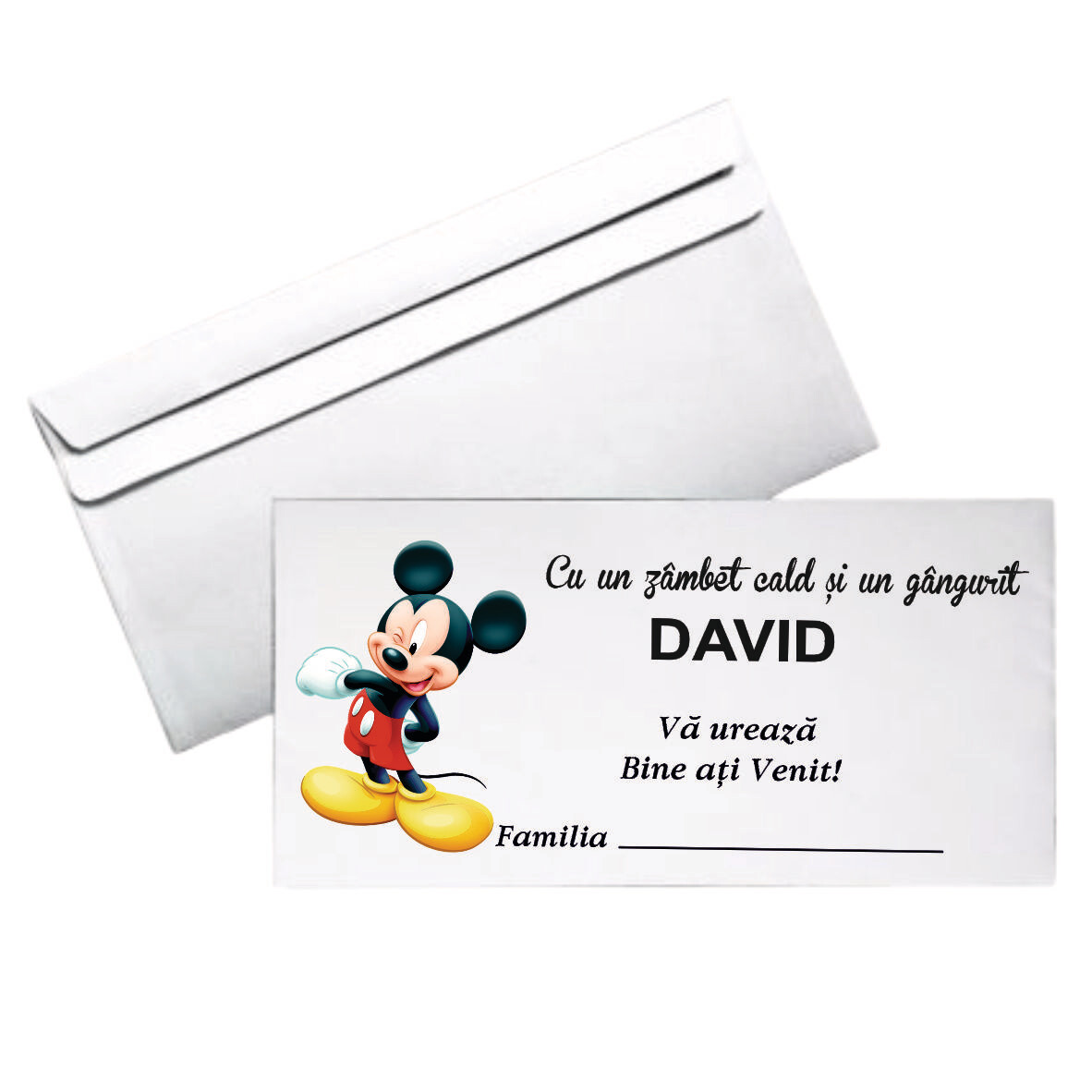 Plic DL Botez Personalizat – Model Mickey Mouse | Hârtie Albă 80g
