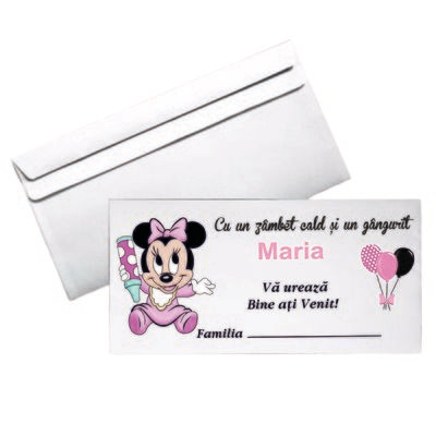 Plic DL Botez Personalizat – Model Minnie Baby | Hârtie Albă 80g