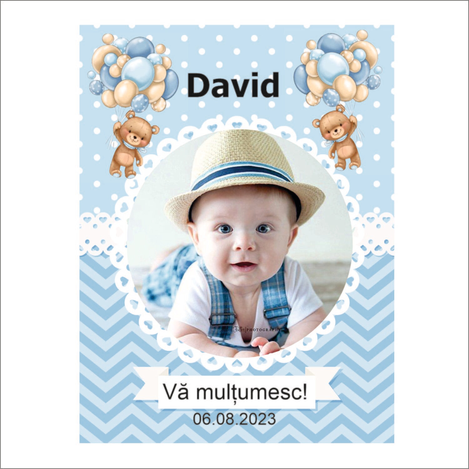 Magnet Mărturie Botez Băiețel – Model 7 | Personalizat doar cu Poză, Nume și Dată