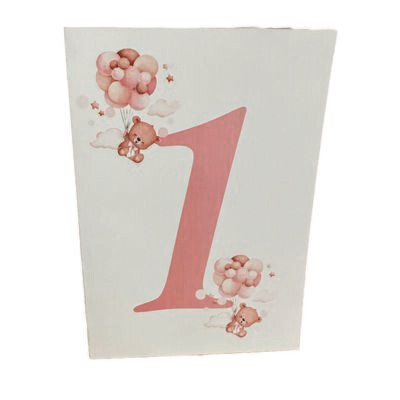 Numere de masă A5 pentru botez – model Ursuleț cu baloane pastel sus și jos