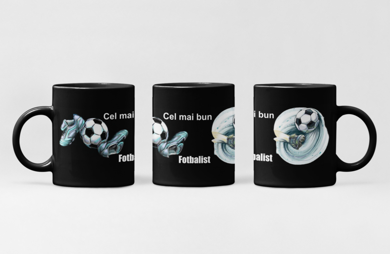Cană neagră „Cel mai bun fotbalist” – Cadou sportiv și stilat pentru campionul tău
