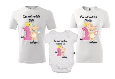 Set tricouri aniversare 1 an – model Ursuleț roz – Mamă, Tată și Body personalizat – bumbac 100%