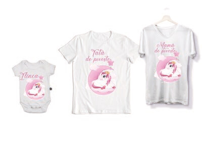 Set tricouri aniversare Unicorn – Mamă, Tată și Body personalizat fetiță – model „De poveste” – bumbac 100%