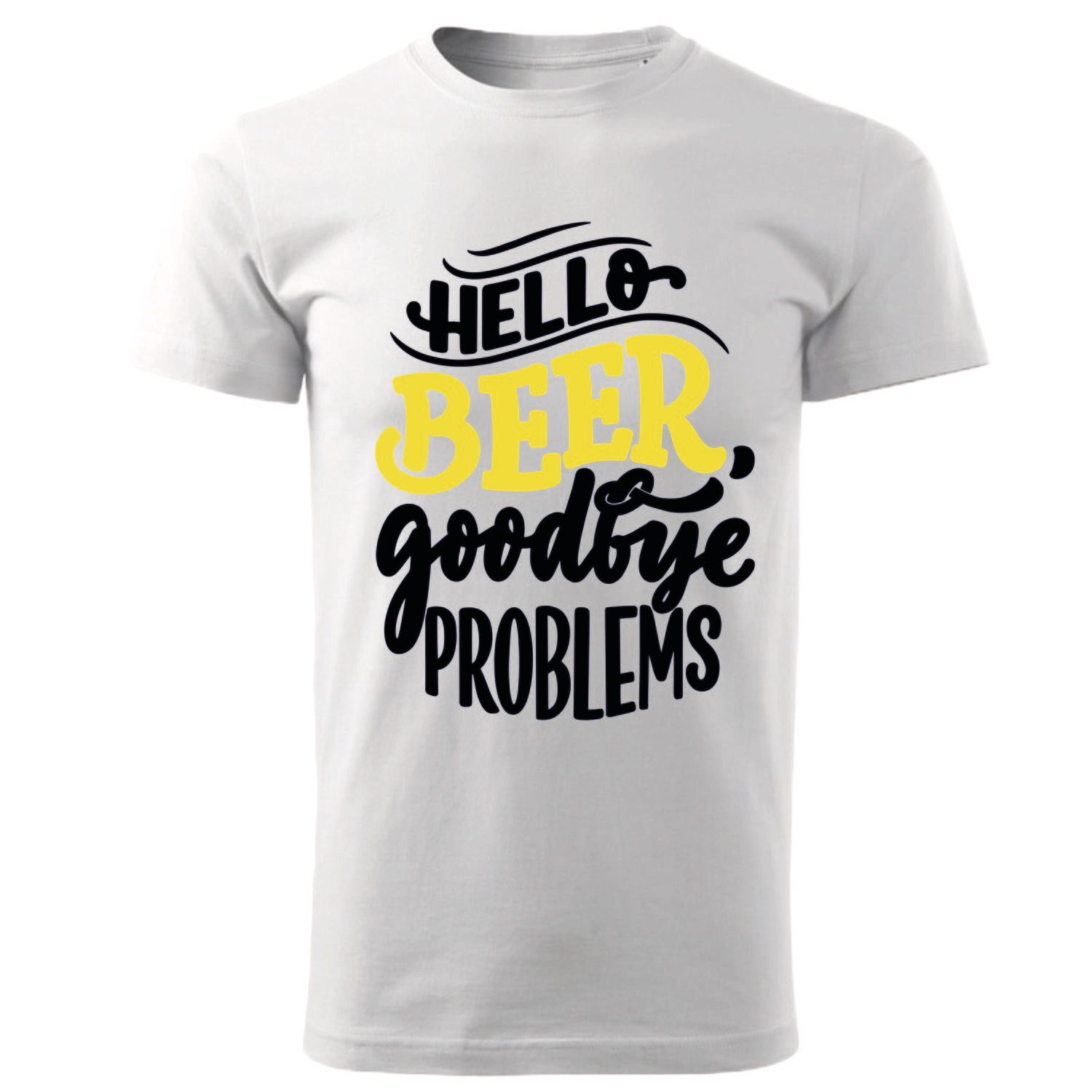 Tricou bărbat alb – „Hello beer, goodbye problems” – imprimeu amuzant, bumbac 100%