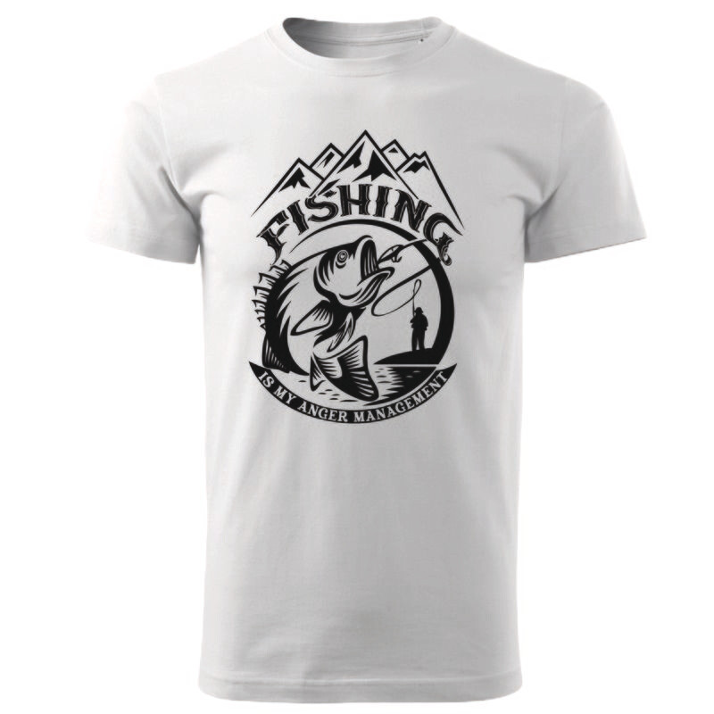 Tricou bărbat alb – „Fishing is my anger management” – imprimeu pescuit, bumbac 100%