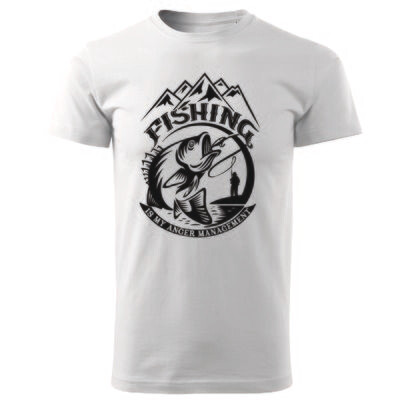Tricou bărbat alb – „Fishing is my anger management” – imprimeu pescuit, bumbac 100%