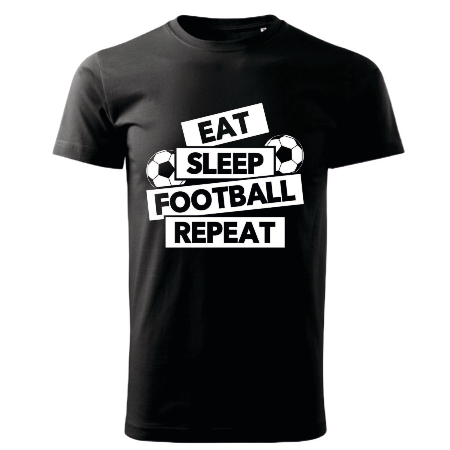 Tricou bărbat negru – „Eat. Sleep. Football. Repeat.” – bumbac 100%, imprimeu fotbal