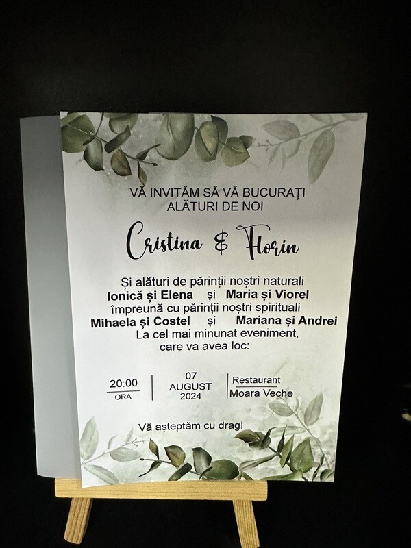 Invitație de nuntă cu hârtie de calc și fundă verde – carton mat 300g, design elegant cu frunze 2348