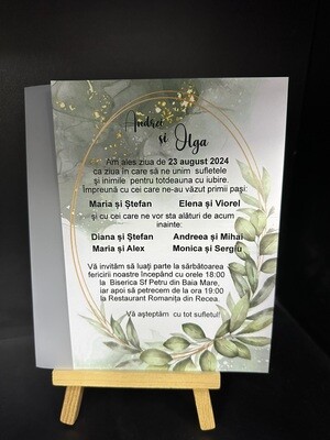 Invitație de nuntă rafinată cu hârtie de calc și fundă verde – carton mat 300g, design cu frunze aurii 2347