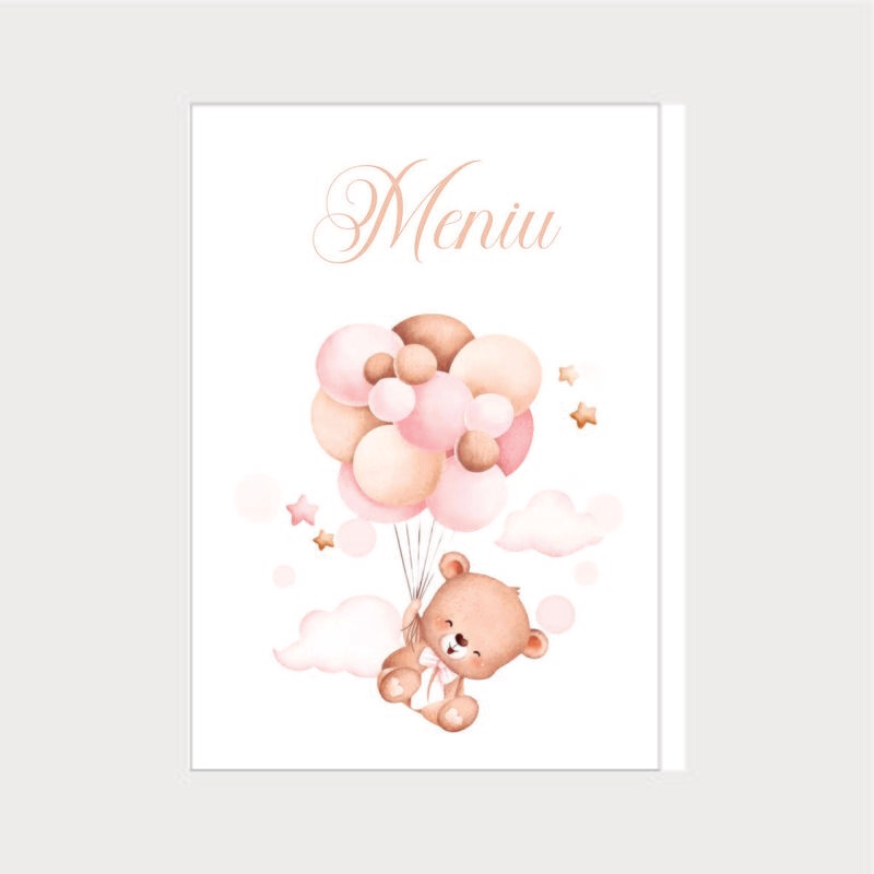 Meniu Botez Tip Carte – Model 1 Ursuleț cu Baloane Roz și Nori