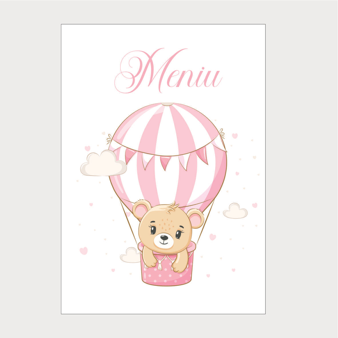 Meniu Botez Tip Carte – Model 6 Ursuleț în Balon Roz